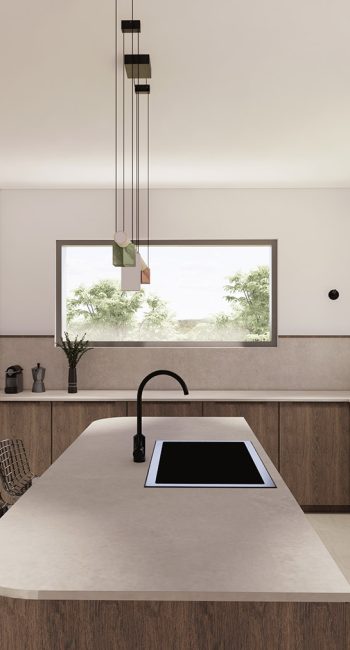Simulation 3D de la cuisine. Idée pensée par le studio d'architecture d'intérieur Studio Naqaa.