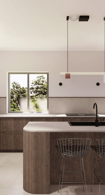 Simulation 3D d'une cuisine. Idée pensée par le studio d'architecture d'intérieur Studio Naqaa.