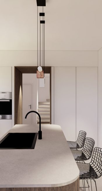 Simulation 3D d'une cuisine blanche et bois. Idée pensée par le studio d'architecture d'intérieur Studio Naqaa.