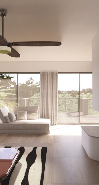 Simulation 3D d'un séjour vue sur la forêt. Idée pensée par le studio d'architecture d'intérieur Studio Naqaa.