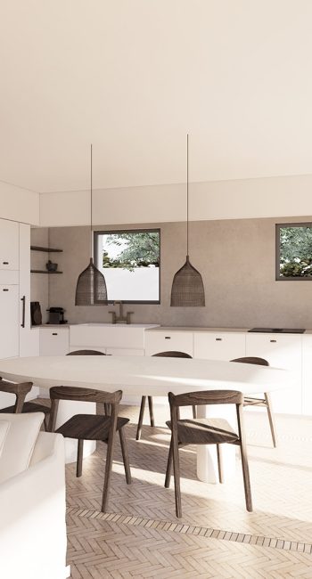 Simulation 3D d'une cuisine. Idée pensée par le studio d'architecture d'intérieur Studio Naqaa.
