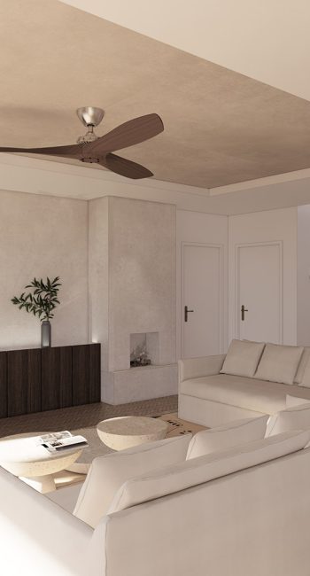 Simulation 3D d'un salon. Idée pensée par le studio d'architecture d'intérieur Studio Naqaa.