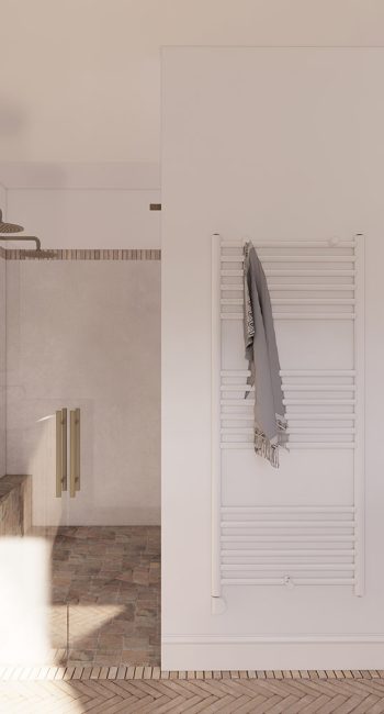 Simulation 3D d'une salle de bain en pierre. Idée pensée par le studio d'architecture d'intérieur Studio Naqaa.