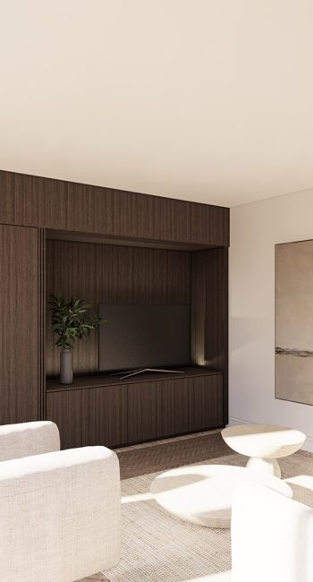 Simulation 3D d'un meuble cuisine intégrée. Idée pensée par le studio d'architecture d'intérieur Studio Naqaa.