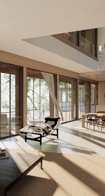 Simulation 3D d'un salon avec de grandes baies vitrées. Idée pensée par le studio d'architecture d'intérieur Studio Naqaa.