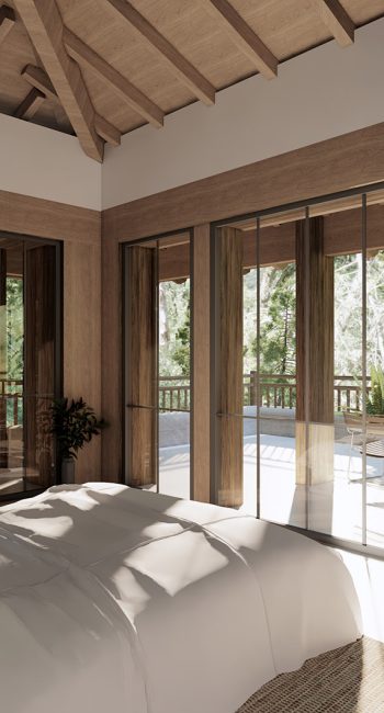Simulation 3D d'une chambre avec vue sur la forêt. Idée pensée par le studio d'architecture d'intérieur Studio Naqaa.
